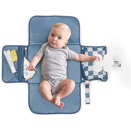 Tiny Twinkle Portable Diaper Changing Pad-Foldable Waterproof Changing Mat&Portable Changing Pad for Travel,Baby Changing Station with Smart Wipes Pocket&Storage (Blue Checkers)