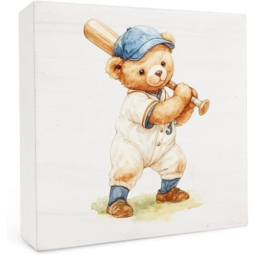 Bear Baseball Wood Box Sign 5x5 Inch, Bear Nursery Decor, Vintage Cute Bears Baseball Player Wood Box Signs for Nursery Kids Boys Girls Room Bedroom Home Office Shelf Table Desk Decor