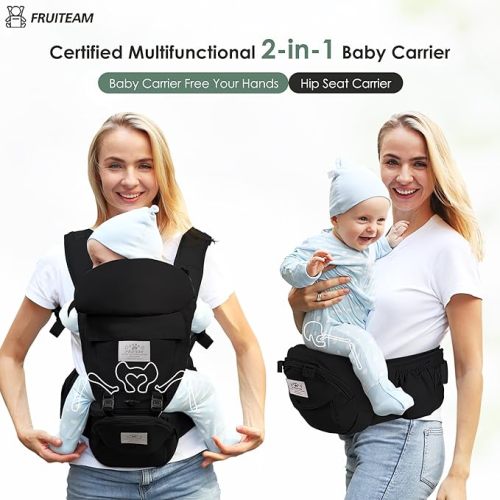 FRUITEAM Baby Carrier Newborn to Toddler, Safety-Certified Baby Carrier with Hip Seat, Ergonomic 6-in-1 Baby Carrier with Head Support, Adjustable & Removable Baby Holder for All Seasons, Black - Black-with Head Support