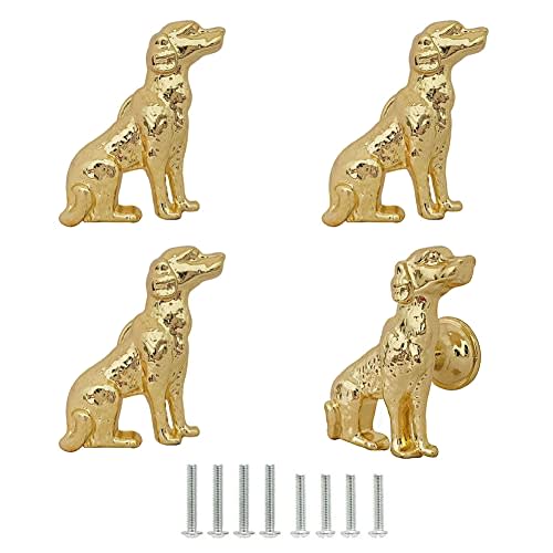 Cabinet Knobs, Vintage Decorative Metal Pet Dog Knobs Pulls Handles for Closet Door Drawer Cupboard, Antique Dresser Knobs Kitchen Home Hardware Furniture Handle Single Hole 4Pcs (Gold)