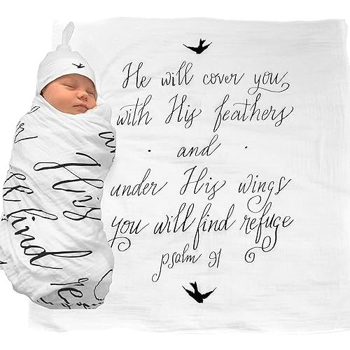 Under His Wings Muslin Swaddle & Bonus Baby Hat with Scripture Quote (Psalm 91) - 100% Organic Unbleached Cotton - Swaddle/Blanket is a Unique Shower & Baptism Gift -