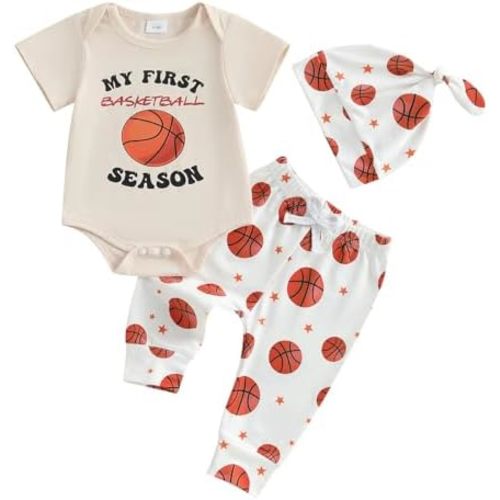 My First Basketball Season Baby Boy Outfit Newborn Short Sleeve Romper Basketball Long Pants Hat 3Pcs Outfits Sets