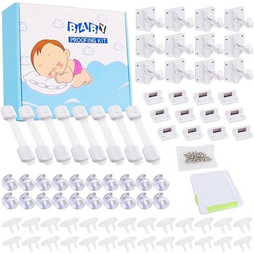 67 Packs Baby Proofing Kit, Multifunctional Baby Child Proof Equipment with 12 Hidden Cabinet Locks, 8 Adjustable Safety Latches, 26 Outlet Covers, 20 Baby Proof Corners and 1 Sliding Glass Door Lock