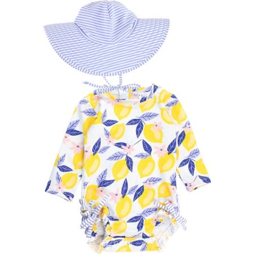 Lemons One-Piece Rashguard Swimsuit & Hat Set, 3-6M