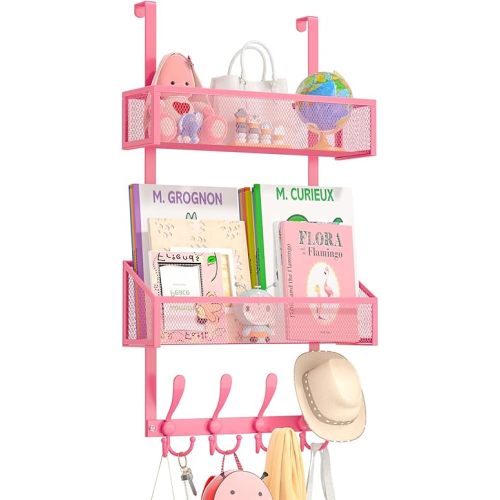 Over The Door Hooks Organizer, Coat Rack Over The Door Storage Hanger Towel Rack, Back of Storage Organizer for Bathroom,Bedroom,Kitchen,Office (Pink 3-Tier)