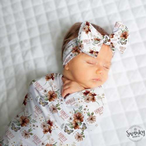 Wildflower Floral Personalized Baby Girl Name Blanket, Coming home Baby Girl, Personalized Baby Girl Swaddle and Headband Set