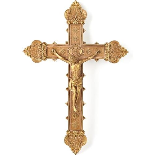 BC Catholic Crucifix Wall Cross, Jesus Christ Religious Home Decor, Catholic Wedding Gift, Gold Color Finish, 12"H Hand-painted by Buildclassic
