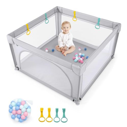 Costzon Baby Playpen, Extra Large Playard for Babies w/ 50 Ocean Balls, Infant Safety Gates with & Anti-Slip Suckers, Children's Fences with Breathable Mesh Walls, Toddler Play Yard