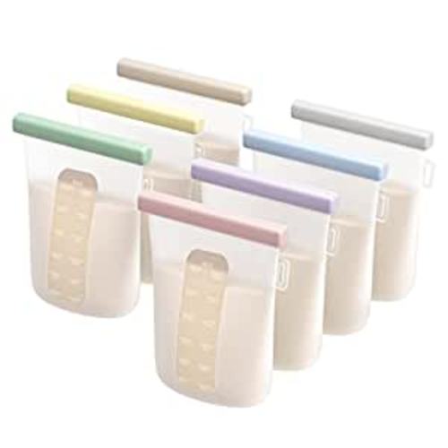 Nuliie 7 Pcs Reusable Silicone Breastmilk Storage Bags, 12oz/360ml Double Leak-Proof Breastmilk Freezer Bags, BPA Free Self-Standing Milk Bags for Breastfeeding, Baby Food Pouches - Color
