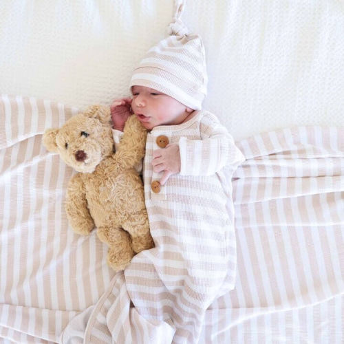 Latte Stripes Bamboo Waffle Newborn Baby Knot Gown & Hat Set