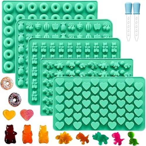 Silicone Gummy Molds Set of 5, Candy Mold Silicone with 2 Droppers for Convenient Filling, Includes Dinosaur, Bear, Donut (Gummy Molds Set of 5)