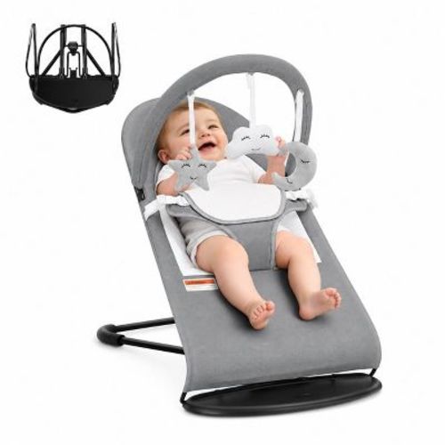 Baby Rocker and Stationary Seat, Foldable 2-in-1 Bouncer with Recline and Toy Bar,Grey