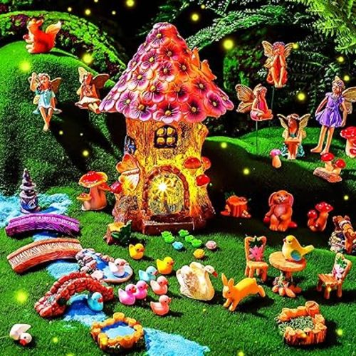 Poen 8'' Solar Light up Fairy House Garden 6-8 Fairy Figures Garden Accessories Kit Animals Doll House Decor Outdoor Micro Landscape Ornaments(Purple)