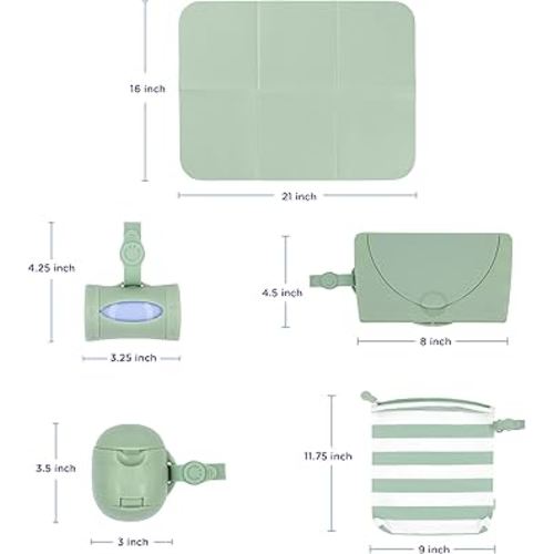 Ubbi On-The-Go Diapering Gift Set, Includes Changing Mat and Bag, Wipes Dispenser, Pacifier Holder and Bag Dispenser, Newborn Essentials, Sage