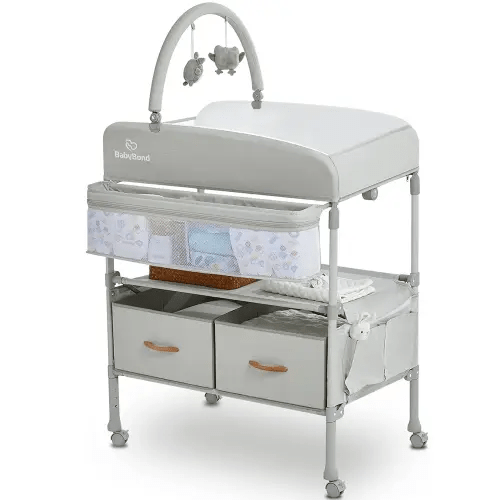 BabyBond Portable Baby Changing Table with 2 Storage Baskets, Foldable Changing Table Dresser Waterproof Diaper Changing Table Height Adjustable Changing Station for Infant and Newborn(Beige)