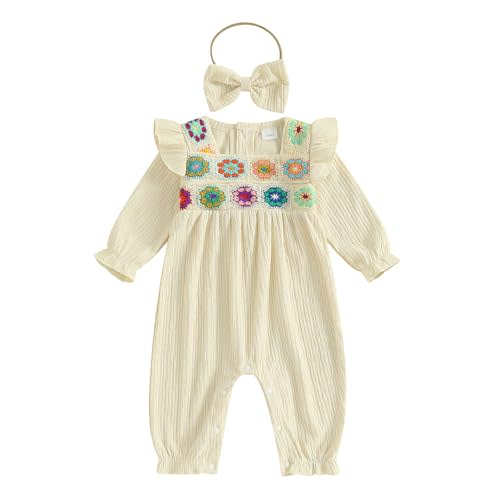 Baby Girl Crochet Romper Long Sleeve Floral Jumpsuit Crochet Flower Bubble Romper Headband Set Newborn Fall Clothes