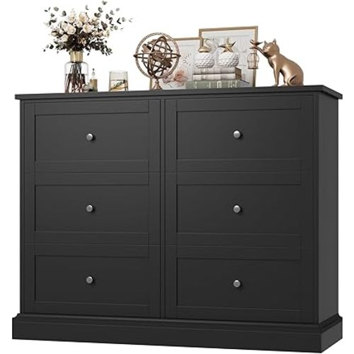 FOTOSOK Black Dresser, 6 Drawer Dresser Black, Modern Double Chest with Deep Drawers, Wide Storage Organizer Cabinet for Living Room Home