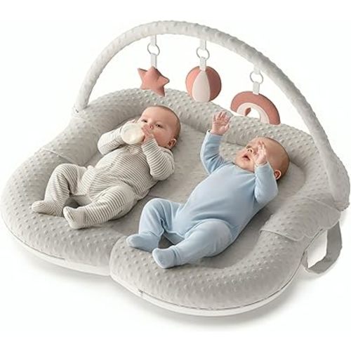 Twins Baby Play Mats for Floor Activity Gym - 5-in-1 Support Cushion Baby Play Mat Tummy Time Mat for Supervised Bonding with Arch, Plush Toys, Flashcards & Developmental Book - Grey