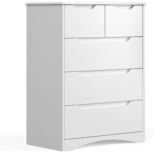 Gizoon 5 Drawers Chest, White Dresser for Bedroom with Large Storage Capacity, Chest of Drawers with Embedded Handle, Sturdy Anti-Tripping Device for Hallway, Office, Living Room