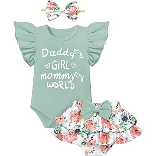 Baby Girl Clothes,Girl Summer Outfit Romper Sets Ruffle Short Sleeve Top+Shorts+ Bow Hairband 3Pcs Set