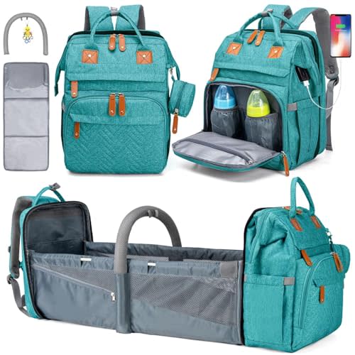 KABAQOO Diaper Bag Backpack, Large Baby Diaper Bags for Boys Girls, Baby Bag with USB Charging Port, Multifunction Waterproof Travel Back Pack for Moms Dads, Lake Blue