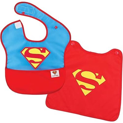 Bumkins Bib for Girl or Boy, Baby and Toddler for 6-24 Months, Essential Must Have for Eating, Feeding, Baby Led Weaning, Mess Saving Waterproof Soft Fabric, SuperBib with Cape, Superman DC Comics