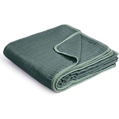 ZPECC Muslin Toddler Blanket Thicker, 47x47 Organic Cotton Kids Quilt Hypoallergenic for Baby Essentials Crib Stroller Daycare Cot, Dark Green