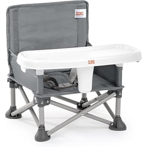 Bright Starts Pop 'N Sit Portable Booster, Indoor/Outdoor Use, Floor Seat with Feeding Tray, Grey, 6 Mos - 3 Yrs