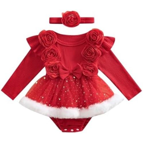 Kuriozud Newborn Baby Girl Christmas Outfit Long Sleeve Ruffle Romper Jumpsuit with Headband Cute Infant Girl Clothes