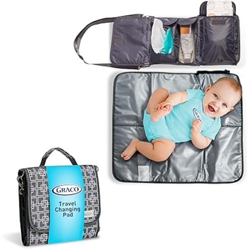 Graco Portable Baby Diaper Changing Table Pad Bag with Wipe & Travel Essentials Pockets - Deluxe Compact Clean Padded Infant Changer Mat - Gray