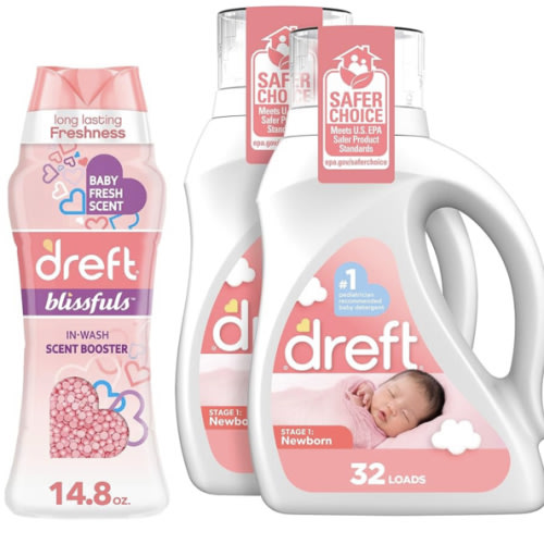 Dreft Stage 1: Newborn Hypoallergenic Baby Laundry Detergent Liquid Soap, 64 Total Loads, 46 Ounce (Pack of 2), & Dreft Blissfuls Laundry Scent Booster Beads for Washer, Baby Fresh Scent, 14.8 oz