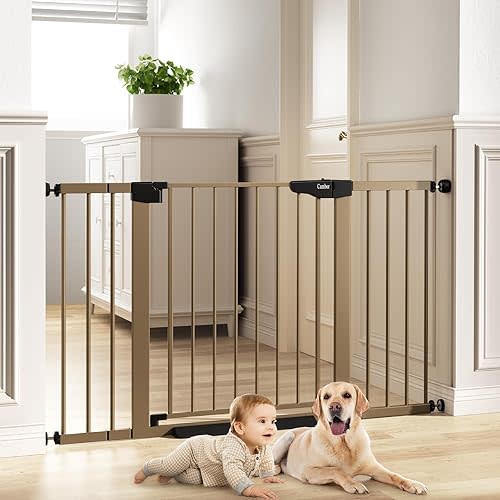 Cumbor 29.7-51.5" Baby Gates for Doorways Extra Wide, Safety Dog Gate for Stairs, Easy Walk Thru Auto Close Pet Gates for The House, Child Gate Includes 4 Wall Cups, Brown, Mom's Choice Awards Winner
