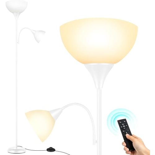 OUTON LED Floor Lamp, 70" Tall Torchiere Floor Lamp, Adjustable Reading Light, Modern Dimmable Standing Lamp with Remote Control & Foot Switch, Corner Lamp for Living Room Bedroom Office, White