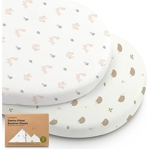 2-Pack Organic Bassinet Sheets for Girls, Boys -100% Cotton Bassinet Mattress Sheets Compatible with Halo Bassinest Swivel Sleeper,Graco,Baby Delight,Chicco,Unisex Fitted Bassinet Sheets(Nibble/Bruce)