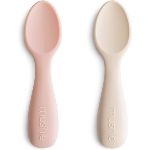 mushie Silicone Toddler Starter Spoons | 2 Pack (Blush/Shifting Sand)
