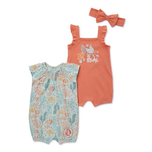 Disney The Little Mermaid Baby Girls Rompers and Headband, 2-Pack, Sizes 0-24 Months