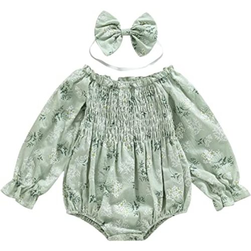 2pcs Infant Baby Girls Romper Dress Headband Long Sleeve Clothing Flowers Newborn Boho Girl Outfit Jumpsuit Clothes