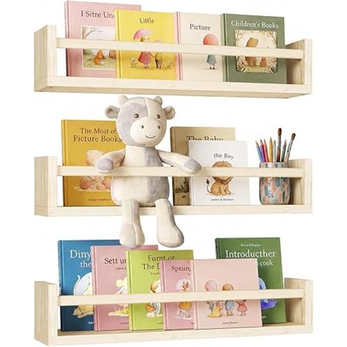 Fixwal Nursery Shelves, 16.5 Inch Floating Bookshelves for Wall Set of 3, Baby Nursery Decor, Solid Wood Wall Mounted Shelves for Books (Natural Wood)