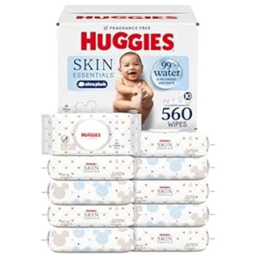 Huggies Skin Essentials Baby Wipes, Hypoallergenic, 99% Water, 10 Flip Top Packs (560 Wipes Total)