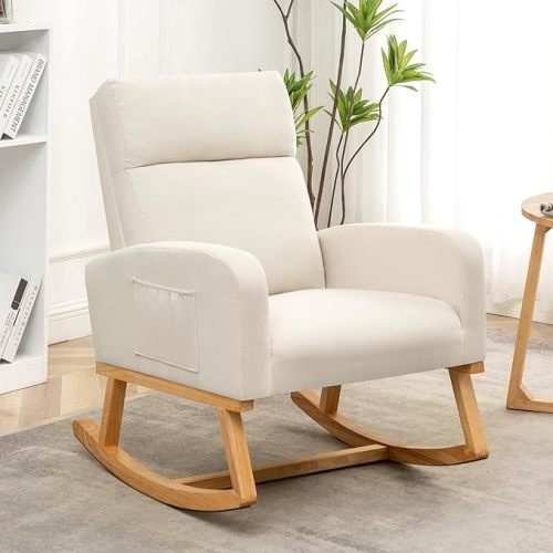 Rocking Chair Nursery, Upholstered Nursing Rocker Chairs with High Backrest, Modern Glider Rocking Chair for Nursery Living Room, Bedroom, Cream