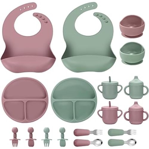 Silicone Baby Feeding Set, 18PCS Baby Led Weaning Supplies, Eating Essentials Utensils with Suction Plate and Bowl, Adjustable Silicone Bib, for 6+ Months (Pink+Green)