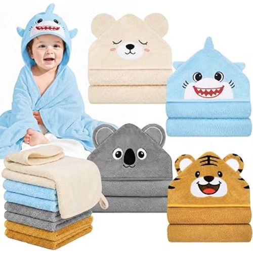 12 PCS Baby Bath Towels Set, Baby Towels for Newborn Bath Essentials Gifts (Brown, Blue, Orange, Gray)