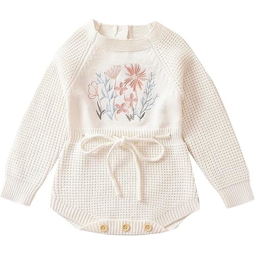 Baby Girl Knitted Romper Sweater Long Sleeve Knit Embroidery Floral One Piece Bodysuits Warm Fall Winter Clothes
