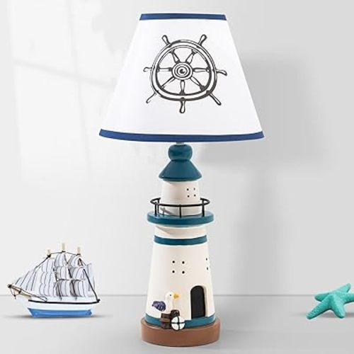 Kids Table Lamp, 14" Navy Blue Lighthouse Style Bedside Lamp with LED Bulb, Cute Nautical Desk Lamp for Kids Bedroom or Nursery Decor