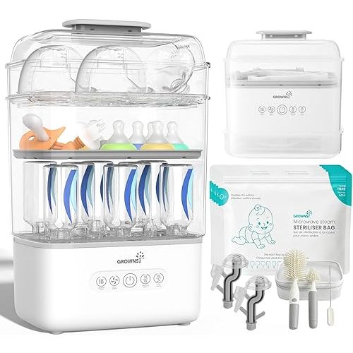Grownsy 3 Layers-Large Bottle Sterilizer and Dryer, Holds 6 to10 Bottles, Nesting Design Bottle Sanitizer Esterilizador de Biberones for Breast Pump Sterilizer Bags Bottle Brush Included