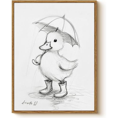 Framed Duck Canvas Wall Art 12x16 Inch, Cute Baby Duck Sketch Illustration with Umbrella Print, Minimalist Black and White Animal Artwork Kids Room Home Bedroom Nursery Decor
