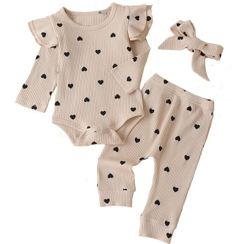 Fullfamous Baby Girl's 3pc Rib Frill Long Sleeve Romper and Pant Set - 3-6 Months - Ercu With Hearts