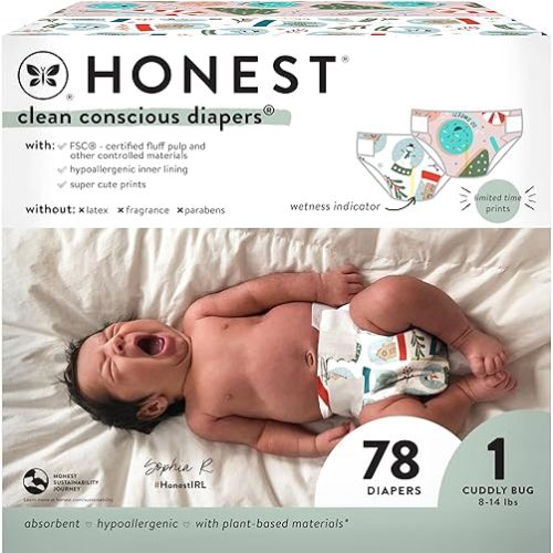 The Honest Company Clean Conscious Diapers | Plant-Based, Sustainable | Winter '24 Limited Edition Prints | Club Box, Size 1 (8-14 lbs), 78 Count
