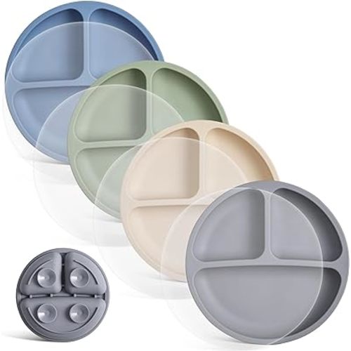 VITEVER Toddler Plates with Lids, 4 Pack Baby Plates with Suction, 100% Food-Grade Silicone, Suction Plates for Baby, Divided Design, Microwave & Dishwasher Safe