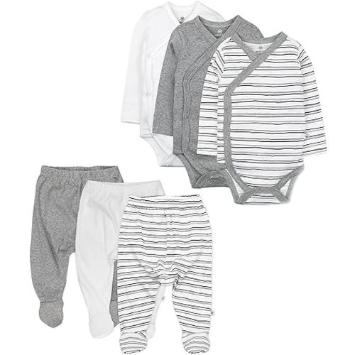 6 Pack Organic Cotton Long Sleeve Side Snap Kimono Bodysuits and Footed Pants Multi Pack